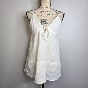 Y2k Xhilaration White Crinkle Gauze Tie-Front Babydoll Top Smocked Back Large